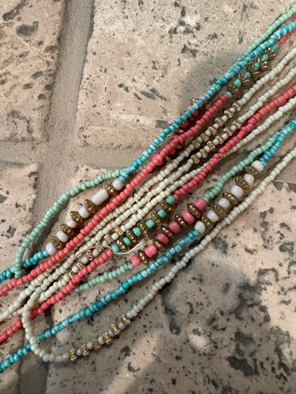 Multi-Strand Pastel Seed Bead Necklace with Gold Accents - Santa Fe New Mexico - Picture 4 of 6